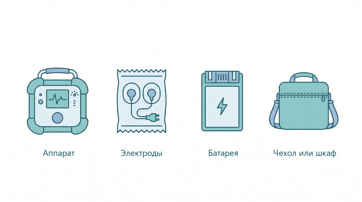 Комплект дефибриллятора: аппарат, электроды, батарея, кабель и чехол или шкаф