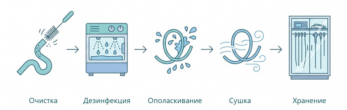 Этапы обработки эндоскопа и связанное оборудование