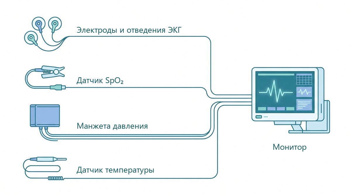 Схема каналов мониторинга: датчики и кабели, модули параметров, монитор