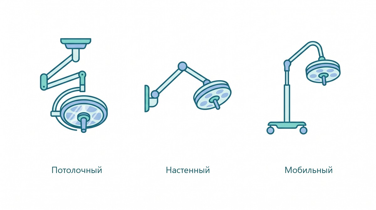 Основные варианты монтажа операционных светильников: потолочный, настенный, мобильный